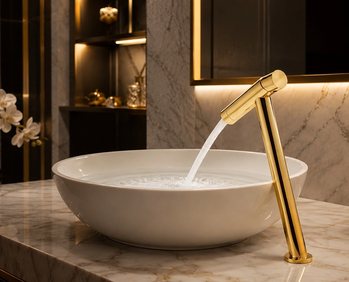 Détail mitigeur lavabo doré Cross